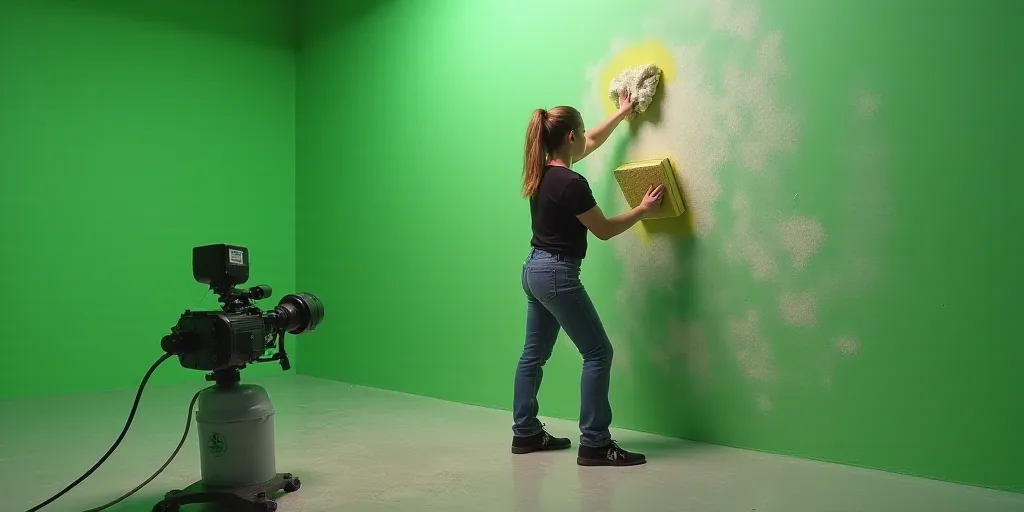 a woman is cleaning a wall with a sponge and a rag in a room with green walls and a green screen, En