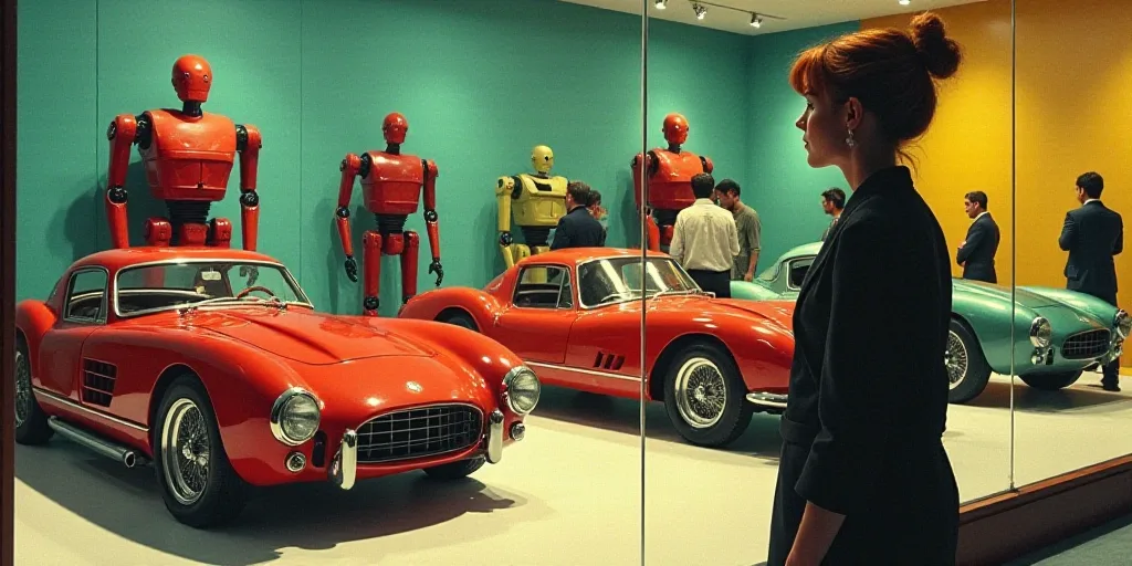 a woman is looking at a display of cars in a store window display area with people standing around a