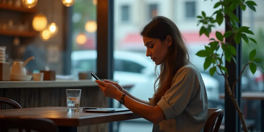 a woman is looking at her phone while sitting at a table in a cafe with a glass wall and a window, D