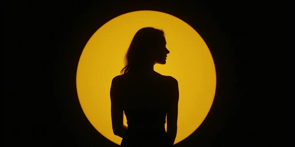 a woman is showing her back in a photo with a yellow circle around her neck and a black background,