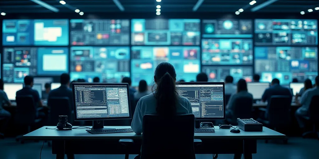 a woman is sitting at a computer in a large room with many monitors and screens on the wall and a lo