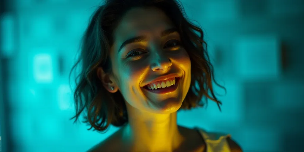 a woman is smiling for a picture with a blue background and a yellow border around her is the captio