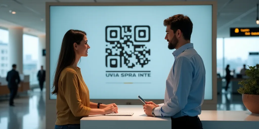 a woman is talking to a man at a reception desk in an airport lobby with a qr code on the wall, Áng