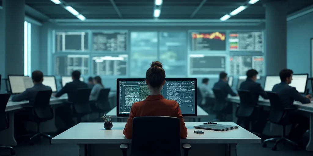 a woman sitting at a desk in an office with a computer on it and a lot of people standing around, En