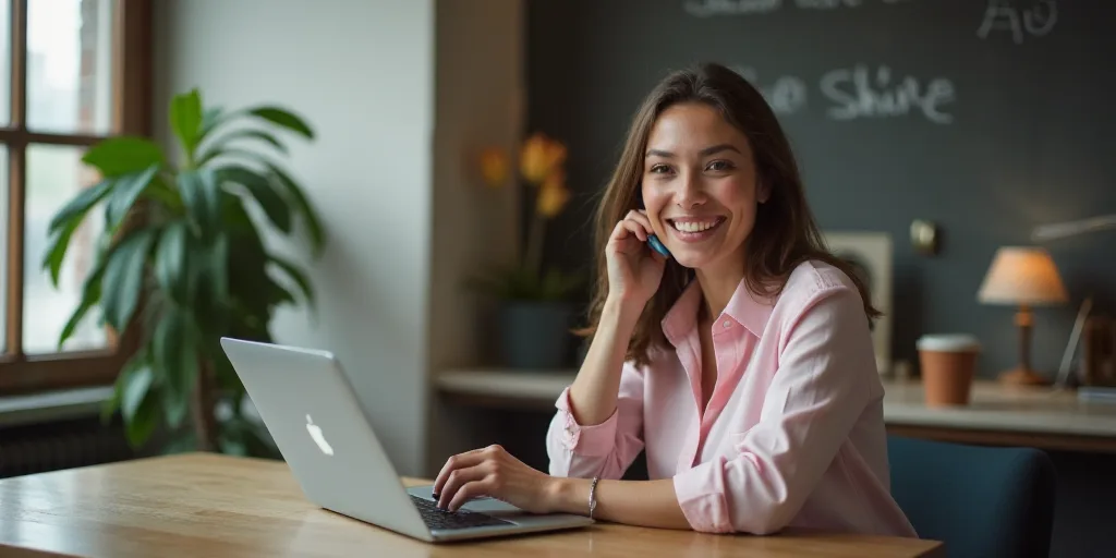 a woman sitting at a desk with a laptop computer in front of her, smiling at the camera,, Claire Fal