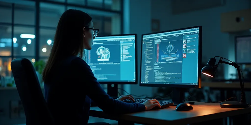 a woman sitting at a desk with a computer monitor and keyboard in front of her, looking at the scree