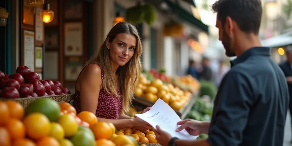 a woman sitting at a fruit stand with a man standing behind her and a man standing behind her lookin