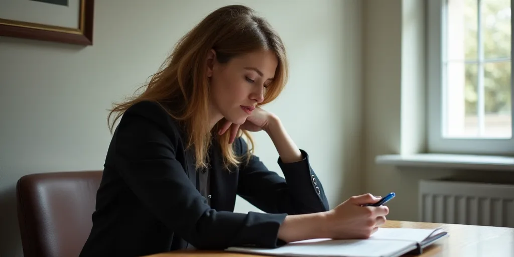 a woman sitting at a table with a pen in her hand and a cell phone in her hand, in front of a window