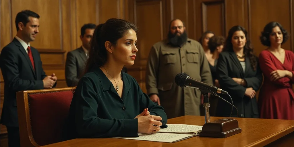 a woman sitting at a table with microphone in front of her and other people standing behind her in a