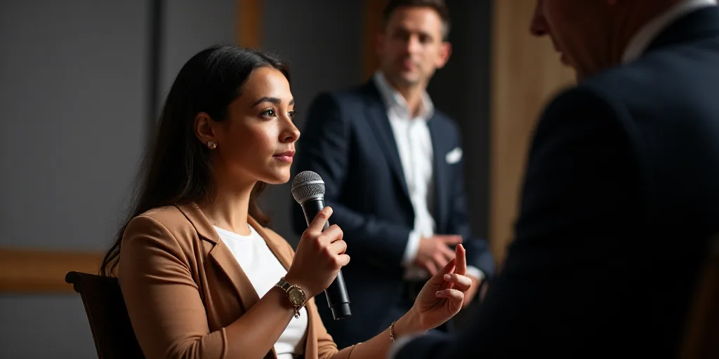 a woman sitting in a chair holding a microphone in her hand and a man standing behind her in a suit,