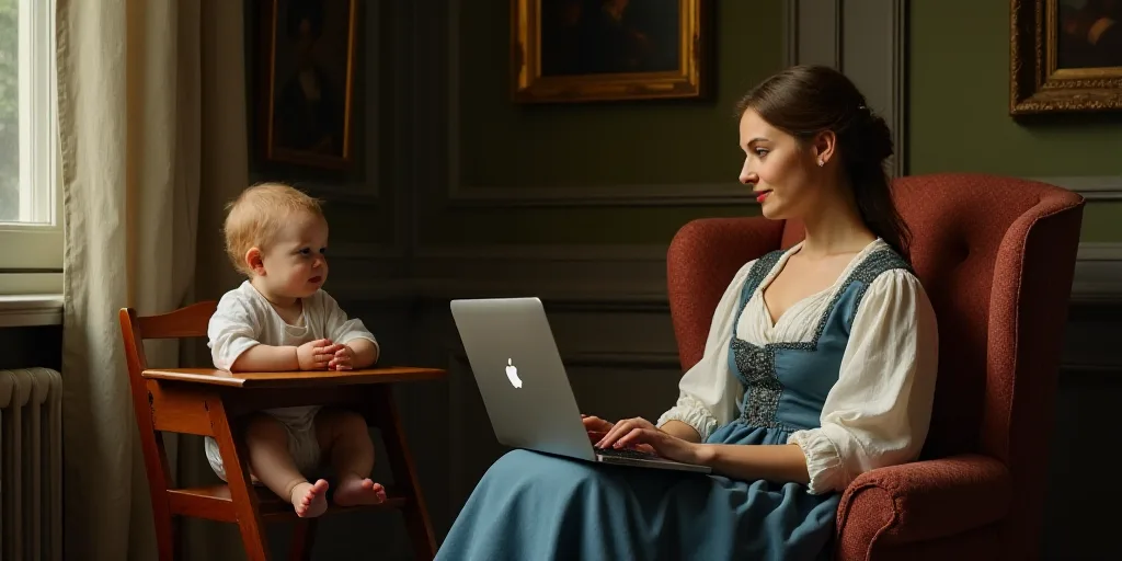 a woman sitting in a chair with a laptop and a baby in a high chair in front of her, Brenda Chamberl