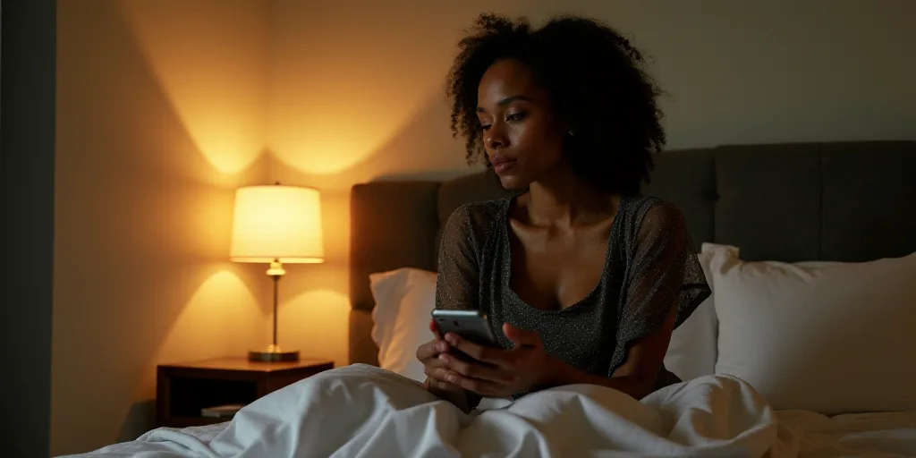 a woman sitting on a bed with a phone in her hand and a lamp on the nightstand next to her, Betye Sa