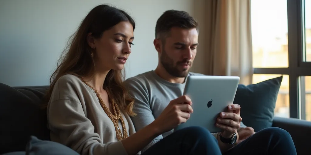 a woman sitting on a couch holding a tablet computer next to a man and a woman sitting on a couch, E