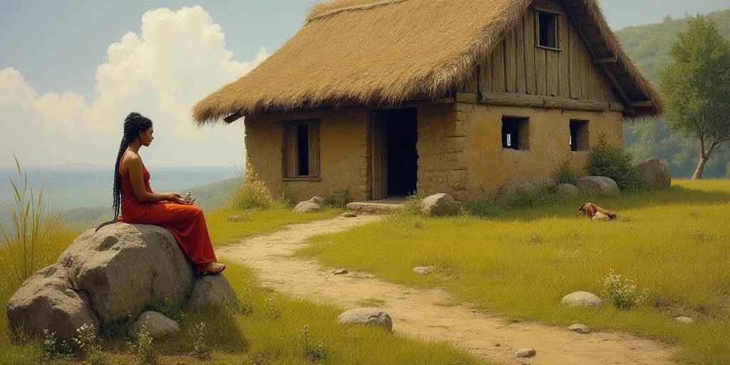 a woman sitting on a rock in front of a house with a thatched roof and a thatched roof, Ella Guru, s