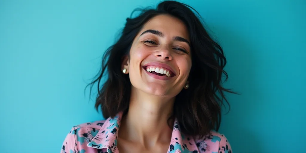 a woman smiling with a blue background and a black and white photo of her with the caption, melly ac