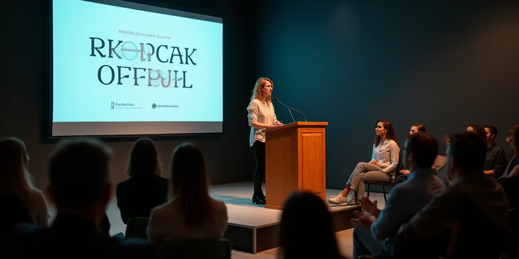 a woman speaking at a podium with other women sitting on chairs behind her and a screen behind her w