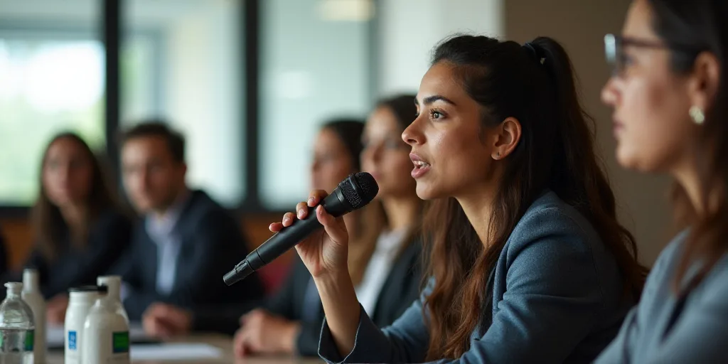 a woman speaking into a microphone while sitting next to other people in a room with a wall of windo