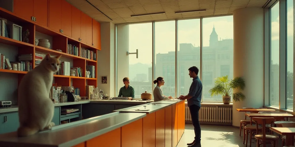 a woman standing at a counter in a building with a cat on the counter and a woman standing at the co
