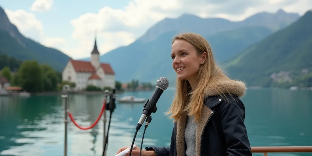 a woman standing at a microphone on a boat in the water with a castle in the background and a boat i