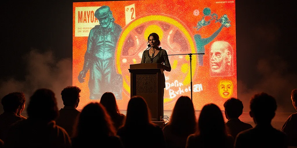 a woman standing at a podium in front of a crowd of people with a microphone in her hand and a sign