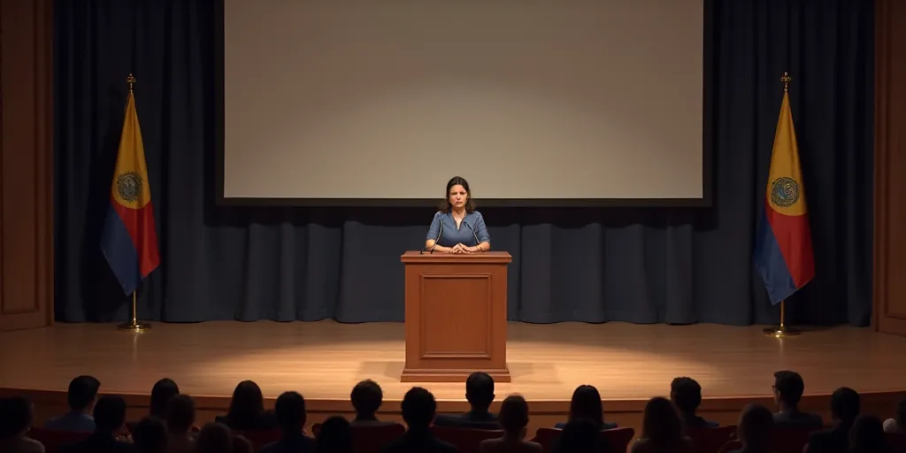a woman standing at a podium in front of a banner and a flag on a stage with a speaker, Federico Uri