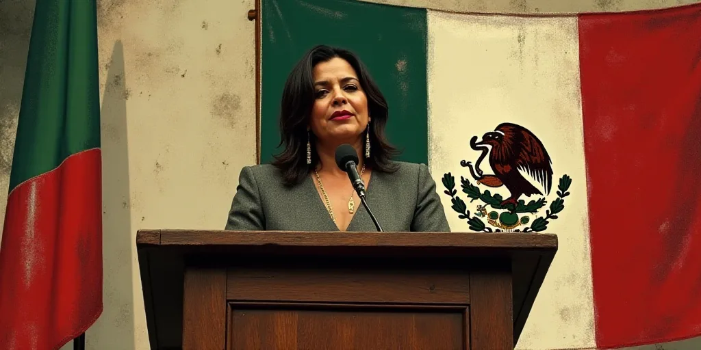 a woman standing at a podium in front of flags of mexico and mexico, speaking at a podium with a mic