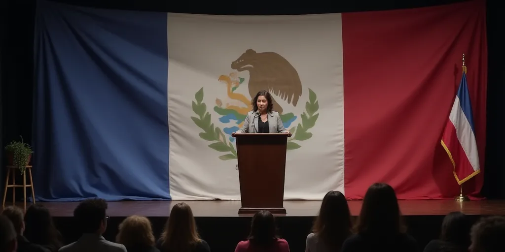 a woman standing at a podium in front of a banner and a flag on a stage with a woman standing at a p