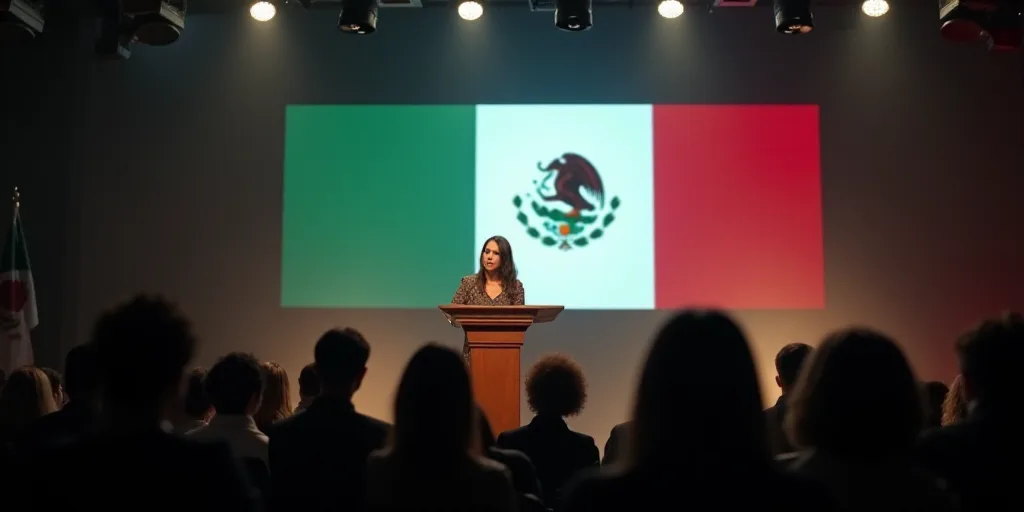 a woman standing at a podium in front of a crowd of people with a projection screen behind her and a