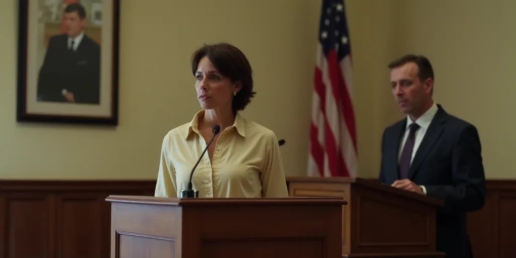 a woman standing at a podium in front of a poster on a wall with a flag behind her and a man standin