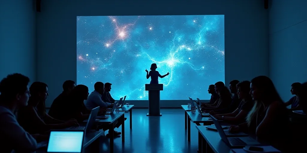 a woman standing at a podium in front of a group of people sitting at a table with laptops, Araceli