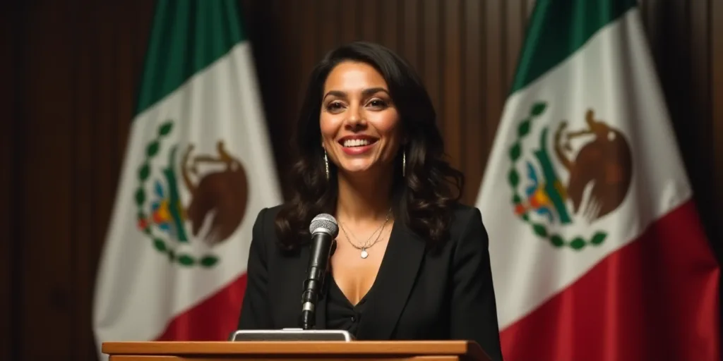 a woman standing at a podium in front of flags of mexico and mexico on a wall behind her is a microp