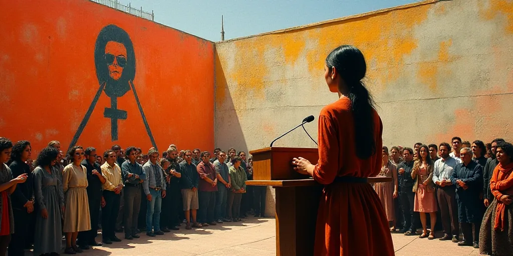 a woman standing at a podium in front of a crowd of people in front of a wall with a banner, David A