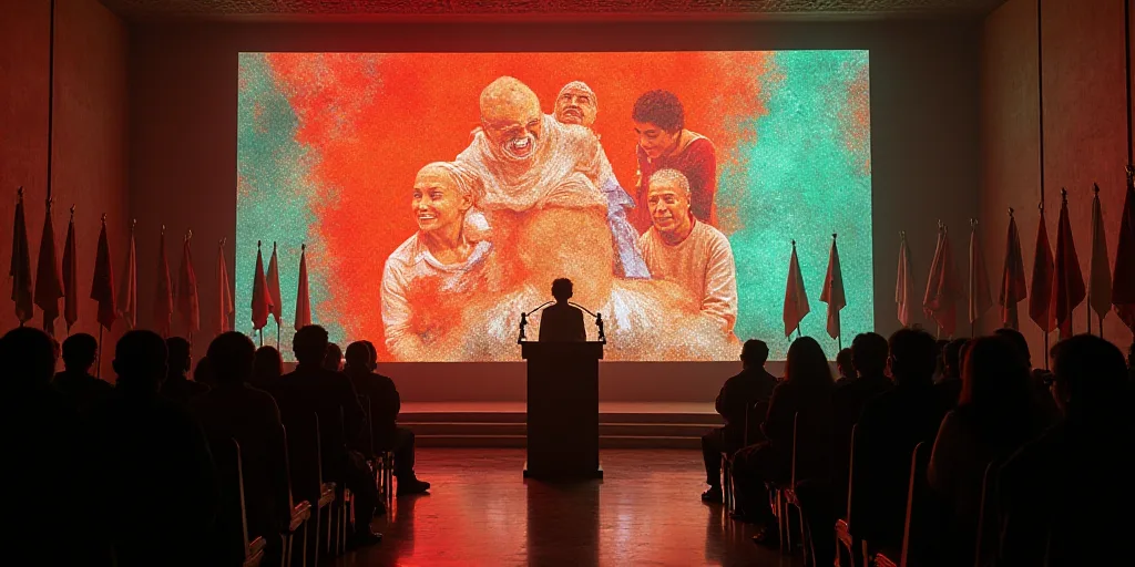 a woman standing at a podium in front of a crowd of people in a room with flags on the walls, David