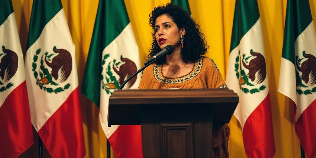 a woman standing at a podium in front of flags of mexico and mexico, speaking at a podium with a mic