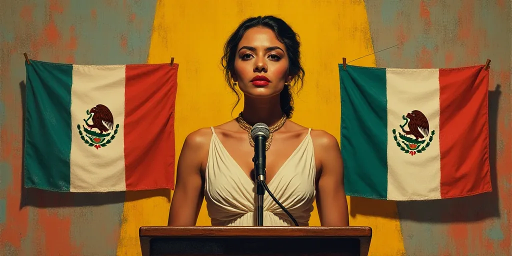 a woman standing at a podium in front of flags of mexico and mexico on a wall behind her is a microp