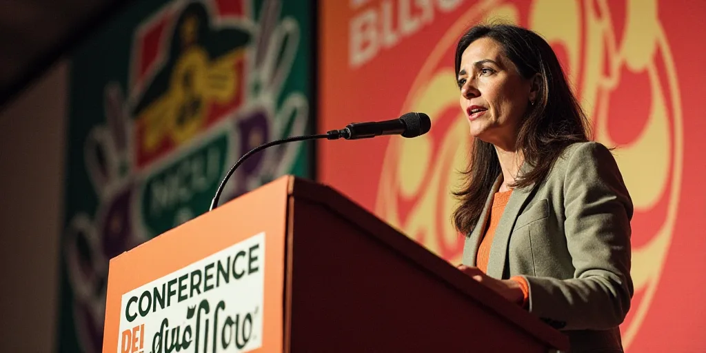 a woman standing at a podium with a microphone in front of her and a banner behind her that says con