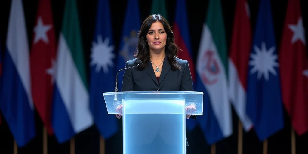 a woman standing at a podium with a microphone in front of her and flags behind her and a stage behi