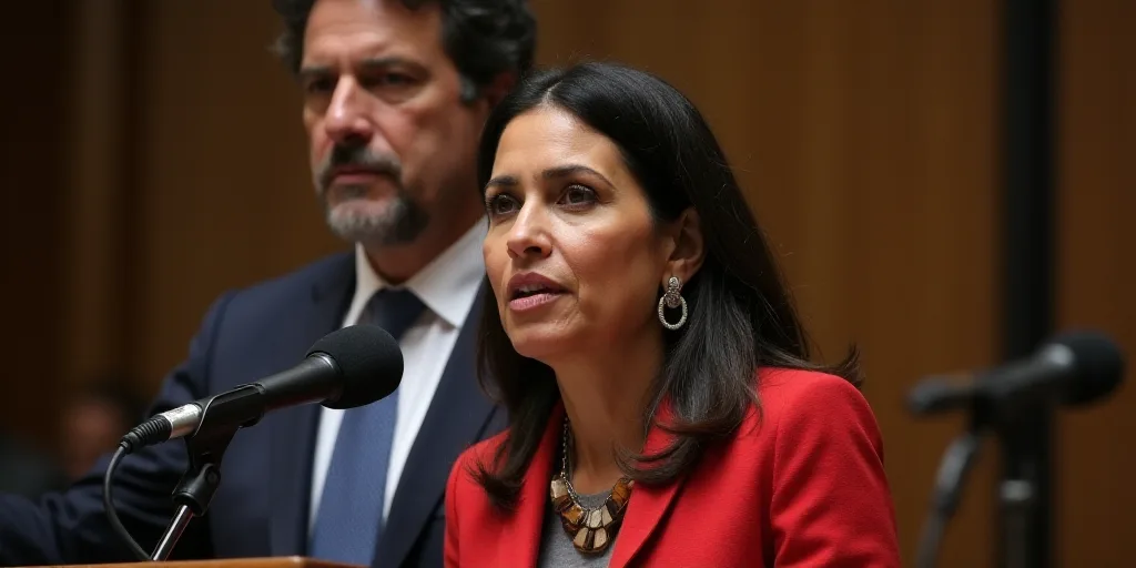 a woman standing at a podium with a microphone in front of her and a man behind her with a microphon
