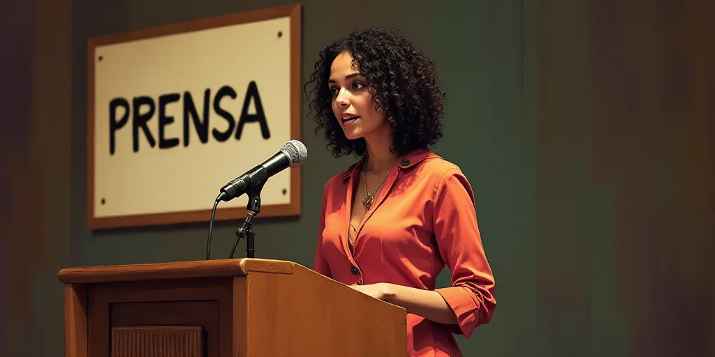 a woman standing at a podium with a microphone in front of her and a sign behind her that says prens