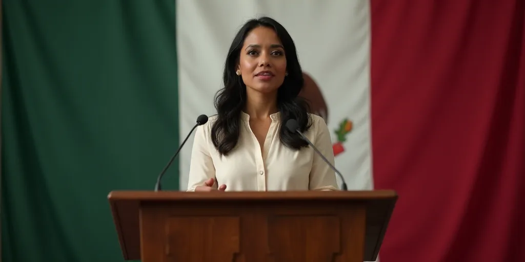 a woman standing at a podium with a flag behind her and a mexican flag behind her, behind her, Arace