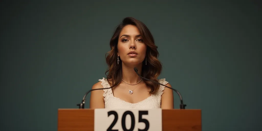 a woman standing at a podium with a microphone in front of her and a sign behind her that says 205,