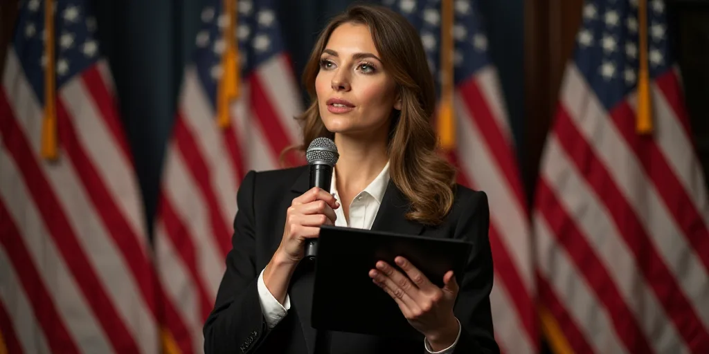 a woman standing in front of american flags holding a folder in her hands and a microphone in her ha
