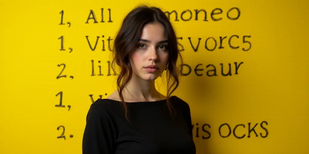 a woman standing in front of a yellow background with words on it and a photo of a woman in a black