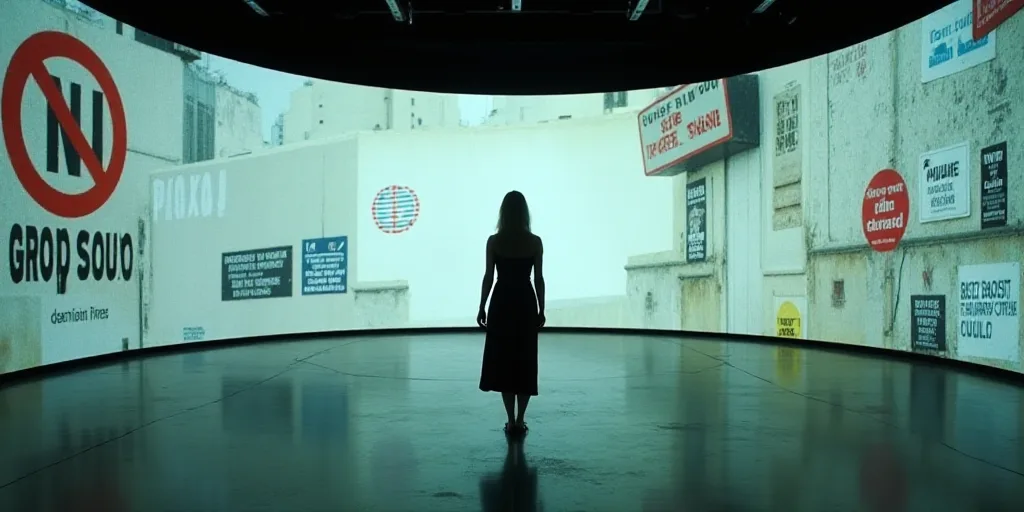 a woman standing in front of a large screen with a lot of signs behind her on it's side, Anne Rigney