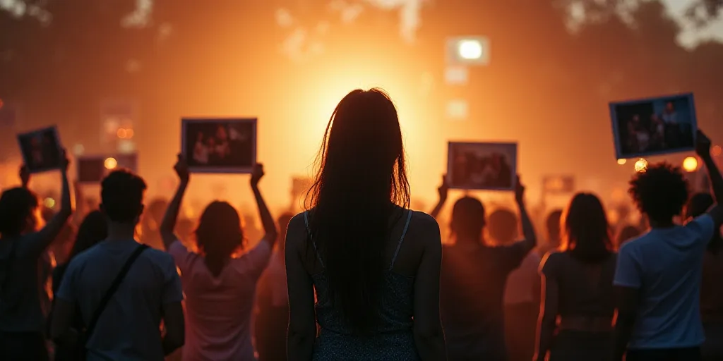 a woman standing in front of a group of people holding up pictures of people in front of a crowd, Aq