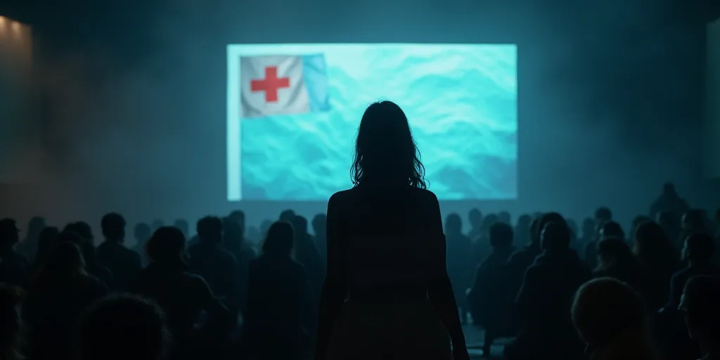 a woman standing in front of a crowd of people in front of a projection screen with a flag on it, Aq