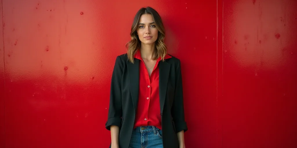 a woman standing in front of a red wall with a rain and company sign on it's side, Frances Jetter, p