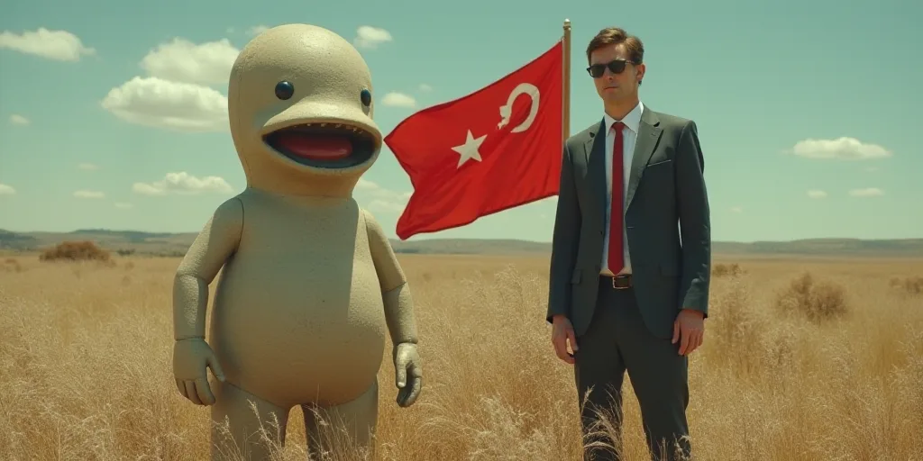 a woman standing next to a giant cartoon character in front of a flag and a man in a suit, Aquirax U