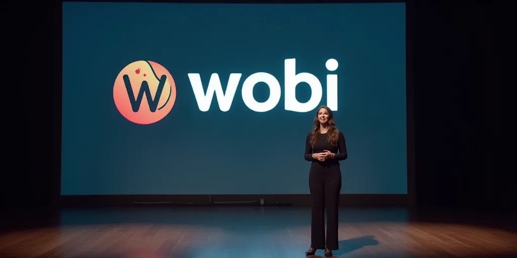 a woman standing on a stage in front of a large screen with a logo on it that says wobi, Ceferí Oli