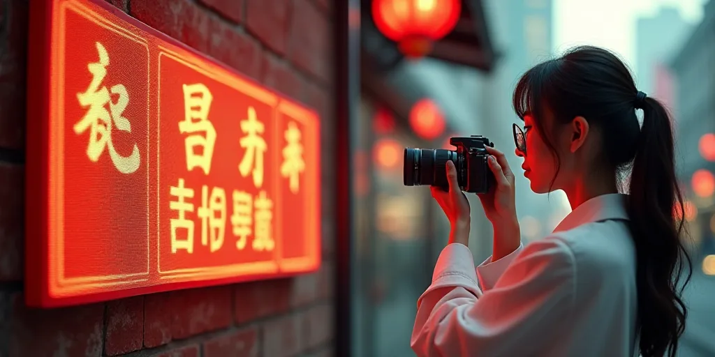a woman taking a picture of a sign with a camera in her hand and a camera in her hand, Cui Bai, orie